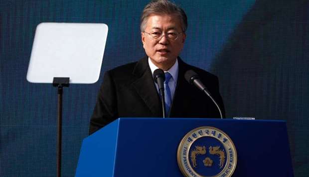 South Korea's President Moon Jae-in delivers a speech during a ceremony celebrating the 99th anniversary of the March First Independence Movement against Japanese colonial rule at Seodaemun Prison History Hall in Seoul on March 1
