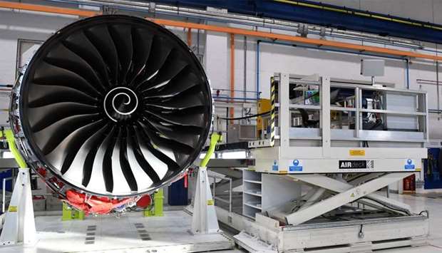 Rolls Royce Trent XWB engines, designed specifically for the Airbus A350 family of aircraft, are seen on the assembly line at the Rolls Royce factory in Derby