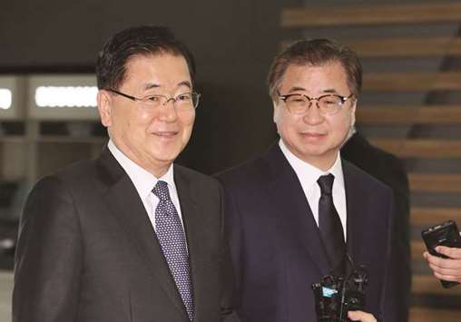 South Koreau2019s national security adviser Chung Eui-yong (left) and spy chief Suh Hoon arrive at Incheon airport, west of Seoul, to leave for Washington, yesterday.