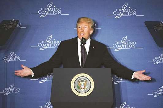 President Donald Trump addresses the Latino Coalition Legislative Summit at a hotel in Washington, DC late on Wednesday.