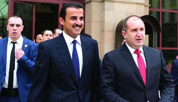 His Highness the Emir Sheikh Tamim bin Hamad al-Thani and Bulgarian President Rumen Radev taking a tour of Sofia.