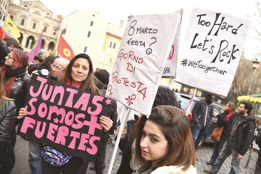 Women take part in a march in Rome, organised by u2018Non Una Di Menou2019 (Me too) movement as part of the International Womenu2019s Day. u2018Non Una Di Menou2019, which translates as Not One (Woman) Less, is the equivalent of the movement that grew out of the Harvey Weinstein-spurred sexual harassment and rape revelations.