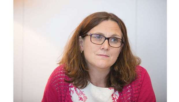 EU trade commissioner Cecilia Malmstrom speaks during an interview in Brussels (file). Malmstrom, who co-ordinates policy for the 28-nation EU, said she stood ready to go to the WTO to impose the blocu2019s own safeguards within 90 days.