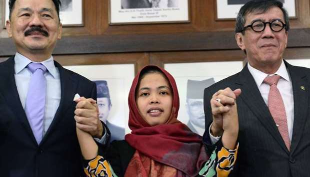 Indonesian Siti Aisyah, accused in the 2017 killing of the North Korean leader's half-brother Kim Jong Nam, and who was freed by a Malaysian court, attends a news conference at the Indonesian embassy in Kuala Lumpur, Malaysia