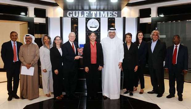 Gulf Times Editor-in-Chief Faisal Abdulhameed al-Mudahka, Qatar Tribune Editor-in-Chief Dr Hassan Mohamed al-Ansari and Qatar Harvey Fund (QHF) advisory Chase Untermeyer with members of the QHF Advisory Board at Gulf Times office on Monday. PICTURE: Shemeer Rasheed