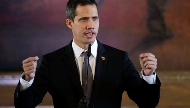 Opposition leader Juan Guaido, who many nations have recognised as the country's rightful interim ruler makes declarations during a joint press conference with Paraguay's President Mario Abdo Benitez at the Lopez Palace in Asuncion, Paraguay