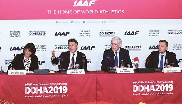 (From left) IAAF president Sebastian Coe, Russia Taskforce head Rune Andersen and CEO Jon Ridgeon address a press conference in Doha yesterday.