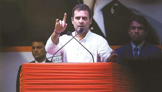 Congress president Rahul Gandhi gestures as he speaks at a campaign rally in New Delhi yesterday.