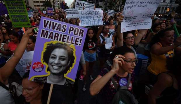 Slain Rio de Janeiro's councillor and activist Marielle Franco is remembered during a demonstration to mark International Women's Day in Sao Paulo, Brazil, on March 8