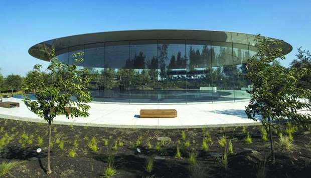 The Steve Jobs Theater stands on the Apple campus in Cupertino, California