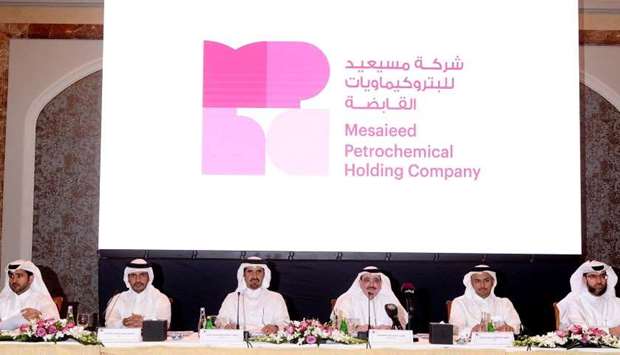 Mesaieed Petrochemical Holding Company chairman Ahmad Saif al-Sulaiti and company's directors at MPHC shareholders meeting here on Tuesday. Picture: Shemeer Rasheed