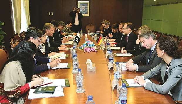 German Foreign Minister Heiko Maas (centre right) and his Pakistani counterpart Shah Mahmood Qureshi (centre left) at a meeting along with their delegations at the Foreign Ministry in Islamabad yesterday.