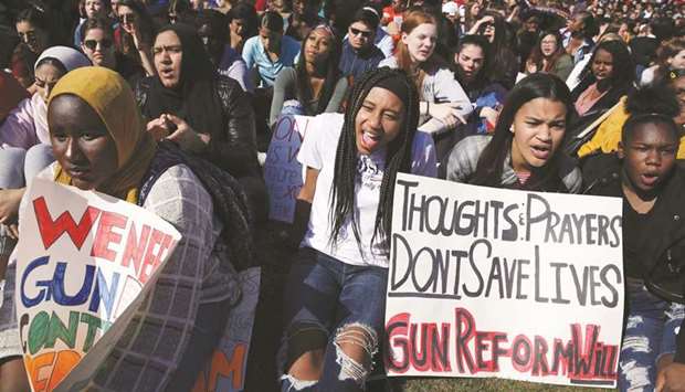Students gather at a gun control rally at the u2018West Front of the US Capitol Marchu2019 on Capitol Hill in Washington, DC yesterday. High school students participated in the event to mark the one-year anniversary of a nationwide gun-violence walkout protest that was prompted by the shooting at Marjory Stoneman Douglas High School in Parkland, Florida.