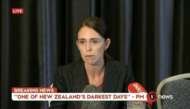 New Zealand's Prime Minister Jacinda Ardern speaks on live television following fatal shootings at two mosques in central Christchurch, New Zealand, in this still image taken from video.