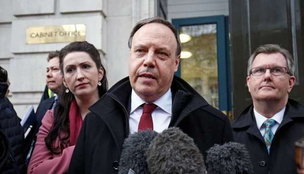 Democratic Unionist Party (DUP) deputy leader Nigel Dodds, speaks to the media outside the Cabinet Office, in London