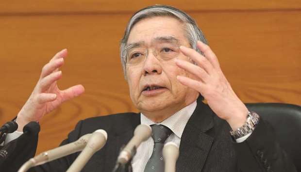 Bank of Japan governor Haruhiko Kuroda speaks during a press conference at the BoJ headquarters in Tokyo yesterday. The BoJ issued a more downbeat assessment of the worldu2019s third biggest economy, as a broader global slowdown impacts exports and production.