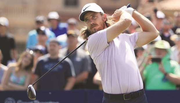 Tommy Fleetwood of England plays his shot from the first tee during the second round of the Players Championship on The Stadium Course at TPC Sawgrass in Ponte Vedra Beach, Florida.