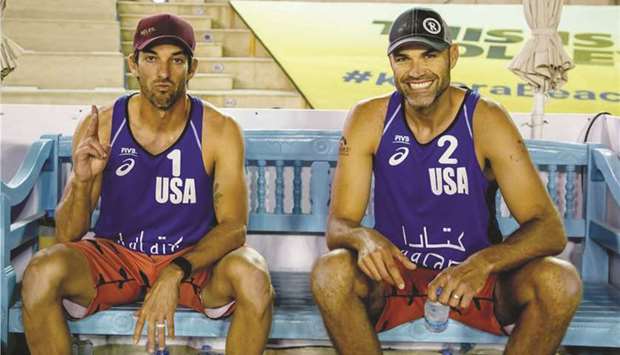 United Statesu2019 Phil Dalhausser and Nick Lucena pose after reaching the final of the FIVB Beach Volleyball World Tour Katara Cup yesterday.