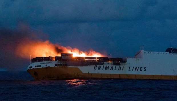 Cargo vessel  Grande America was travelling from Hamburg to Casablanca when a violent blaze broke out on board on Sunday.