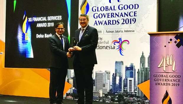 Doha Bank received the u201c3G Financial Services Award 2019u201d at the Global Good Governance (3G) Awards 2019 Ceremony hosted by Cambridge Financial Advisory at Pullman Hotel, Jakarta, Indonesia recently.