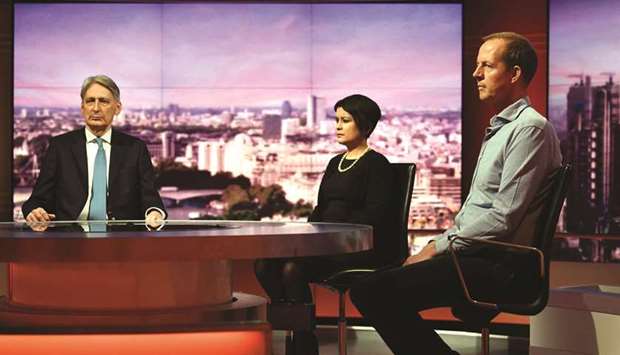 Philip Hammond Chancellor of the Exchequer, Baroness Chakrabarti, shadow attorney general and Nick Boles, MP appear on BBC TVu2019s The Andrew Marr Show in London yesterday.