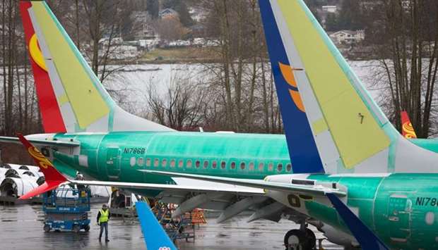 Boeing 737 MAX airplanes are pictured at the Boeing Renton Factory in Renton, Washington, on March 12, 2019