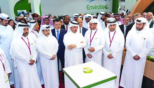 HE the Prime Minister and Interior Minister Sheikh Abdullah bin Nasser bin Khalifa al-Thani touring the exhibitions accompanied by HE the Minister of Municipality and Environment Abdullah bin Abdulaziz bin Turki al-Subaie and other dignitaries and officials.