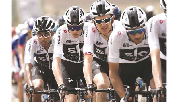 In this file photo taken on July 14, 2018 (from left) Colombiau2019s Egan Bernal, Great Britainu2019s Christopher Froome, Great Britainu2019s Geraint Thomas and Italyu2019s Gianni Moscon of Great Britainu2019s Team Sky cycling team ride during the eighth stage of the 105th edition of the Tour de France cycling race between Dreux and Amiens, northern France. (AFP)