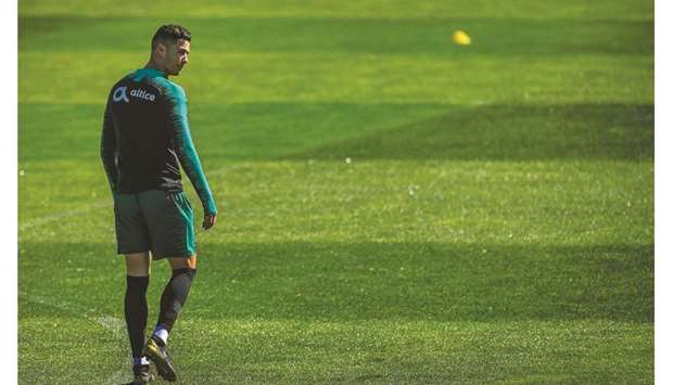 Portugalu2019s Cristiano Ronaldo attends a training session in Lisbon yesterday. (AFP)