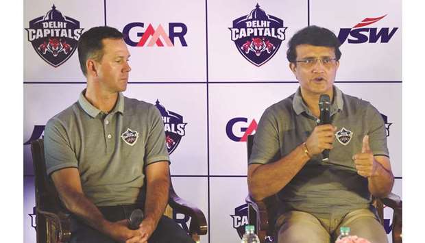 Delhi Capitals special adviser Sourav Ganguly (right) speaks as coach Ricky Ponting looks on during a press conference in New Delhi yesterday. (AFP)