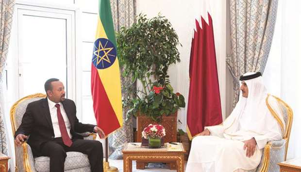 His Highness the Amir Sheikh Tamim bin Hamad al-Thani holding talks with Ethiopian Prime Minister Dr Abiy Ahmed Ali at the Amiri Diwan yesterday.