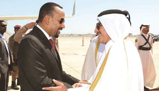 The Prime Minister of Ethiopia Dr Abiy Ahmed Ali being received yesterday at Hamad International Airport by HE the Minister of Transport and Communications Jassim Seif Ahmed al-Sulaiti.