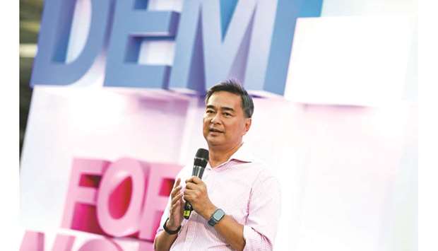 Abhisit Vejjajiva talks during his party campaign rally in Bangkok.