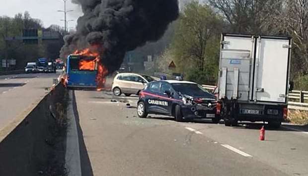 Photo posted on social media that shows the hijacked bus on fire.