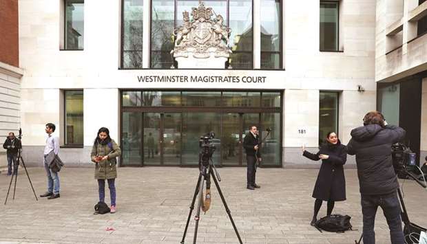 Indian journalists are seen outside the Westminster Magistrates Court before Nirav Modi appeared, in London yesterday.