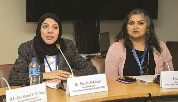 Dr Sharifa Noaman al-Emadi, left, speaking at the panel discussion at the UN in New York.