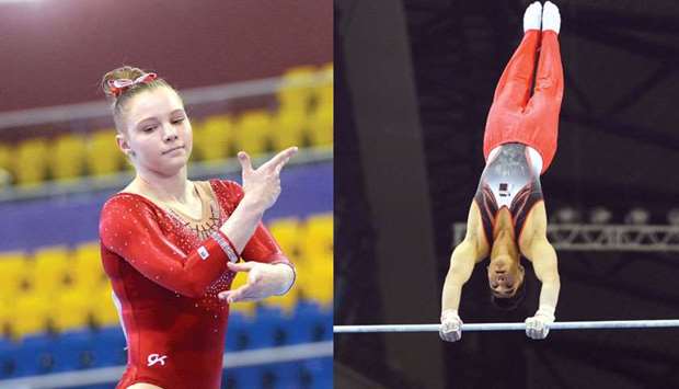 American Jade Carey performs on Floor during the Artistic Gymnastics Individual Apparatus World Cup at the Aspire Dome yesterday.  Right: Qataru2019s Ahmed Mousa in action on Horizontal Bar.