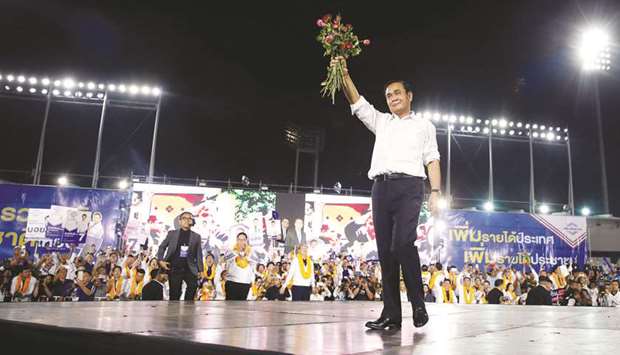 Thailandu2019s Prime Minister Prayut Chan-o-cha attends the last Palang Pracharath Partyu2019s party campaign rally in central Bangkok yesterday.
