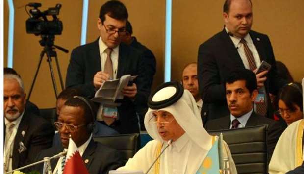 HE Sultan bin Saad al-Muraikhi speaking during the opening session of the emergency meeting of the OIC Executive Committee in Istanbul.