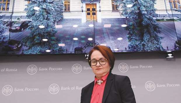 Russian central bank governor Elvira Nabiullina attends a news conference in Moscow. The Bank of Russia kept interest rates unchanged yesterday but said it could lower the key rate later this year if inflation eases in line with expectations and no major shocks occur in the oil market.