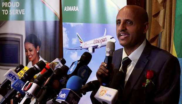Ethiopian Airlines Chief Executive Officer Tewolde Gebremariam speaks during the ceremony as they resume flights to Eritrea's capital Asmara at the Bole international airport in Addis Ababa, Ethiopia July 18, 2018