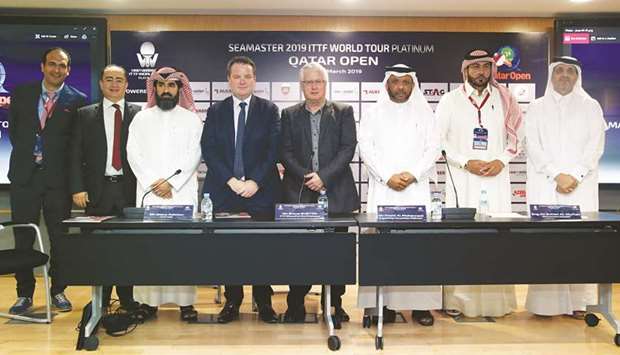 Khaleel al-Mohannadi (third from right), president of Qatar and Arab table tennis associations, Ali Sultan al-Muftah, assistant secretary of the federation,  ITTF CEO Steve Dainton, ITTF executive vice-president Bruce Burton, and other officials attend a press conference ahead of the ITTF World Tour Platinum Qatar Open yesterday. PICTURES: Jayaram