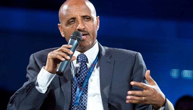 Ethiopian Airlines Chief Executive Officer Tewolde Gebremariam speaks at the Africa CEO Forum in Kigali, Rwanda