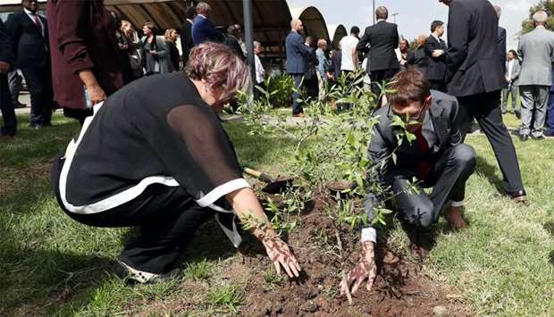 Relatives of the Ethiopian Flight ET 302 plane crash victims plant a memorial tree during a memorial ceremony in Addis Ababa