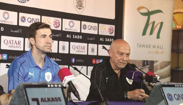 Al Sadd coach Jesualdo Ferreira (right) and player Gabi Fernandez address a press conference ahead of their Saturdayu2019s match against Al Duhail yesterday. PICTURE: Othman Khalid