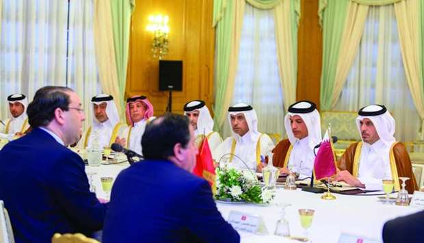 HE the Prime Minister and Minister of Interior Sheikh Abdullah bin Nasser bin Khalifa al-Thani and Tunisian Prime Minister Youssef Chahed chairing the Tunisian-Qatari Supreme Joint Committee meeting in Tunis