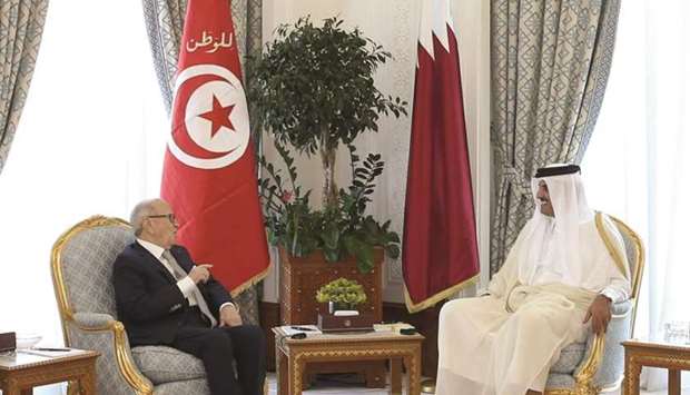 His Highness the Amir Sheikh Tamim bin Hamad al-Thani and Tunisian President Beji Caid Essebsi holding official talks in this file picture from May 2016.