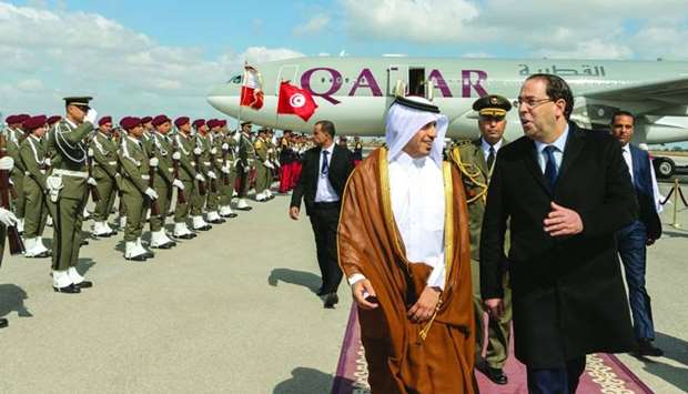 HE the Prime Minister being received by Tunisian Prime Minister Youssef Chahed at Tunis airport