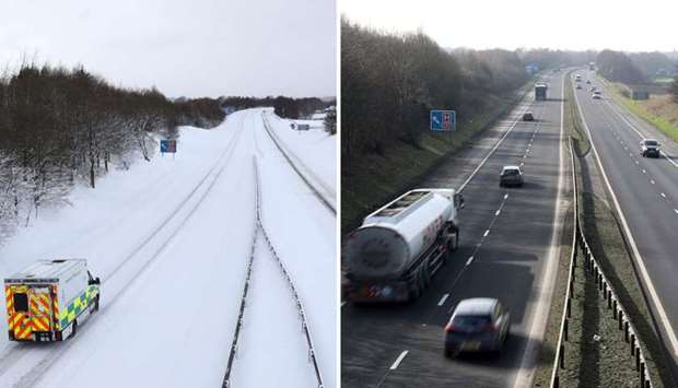 The M876 motorway in Scotland on January 31, 2018, (left) during the Beast from the East, and in February (right) this year.