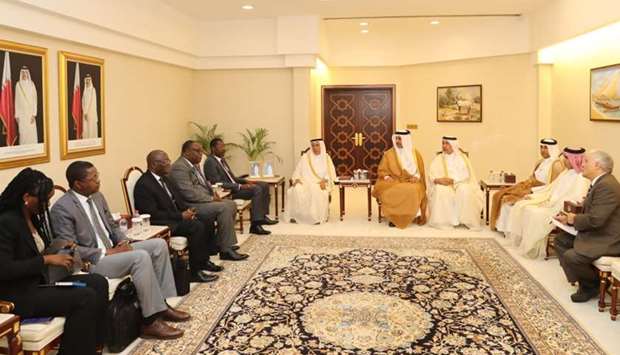 HE the Speaker of the Council Ahmed bin Abdullah bin Zaid al-Mahmoud and head of APU and President of the National Assembly of Burkina Faso Alassane Bala Sakande, chairing a meeting between the Advisory Council and the African Parliamentary Union in Doha.
